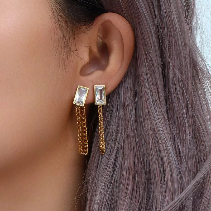 Rectangular Crystal Drop Chain Earring