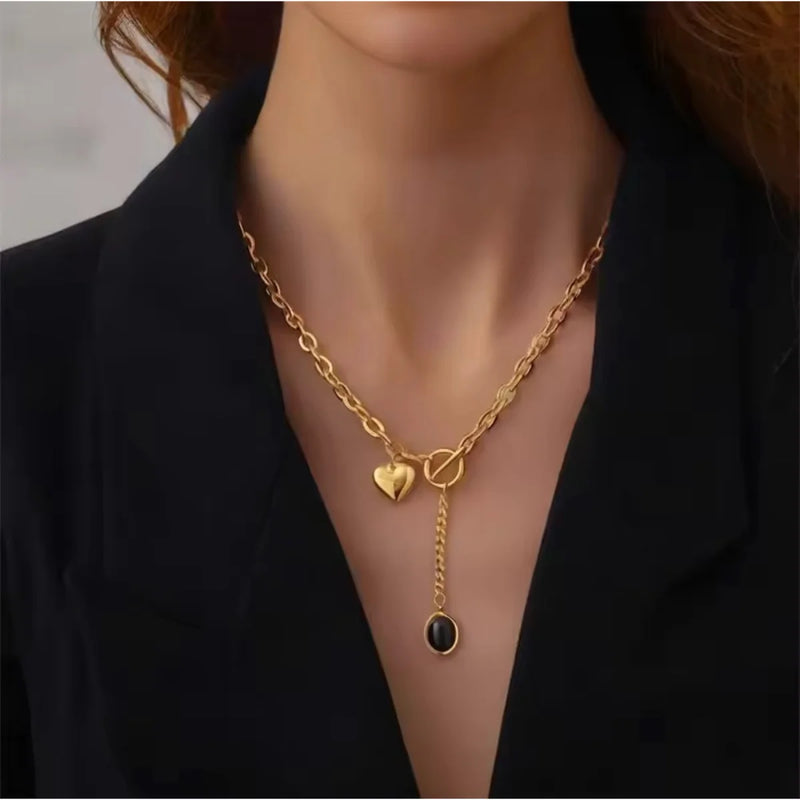 Heart & Onyx Charm Toggle Necklace